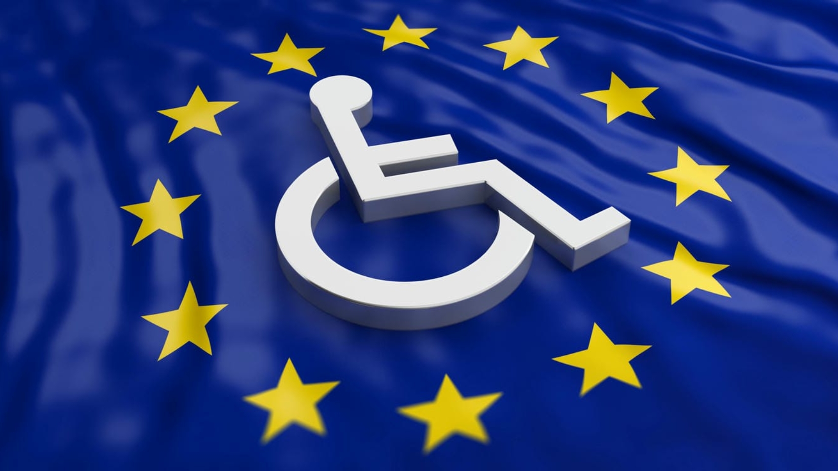 Wózek na tle flagi symbolizuje dostępność w Unii Europejskiej